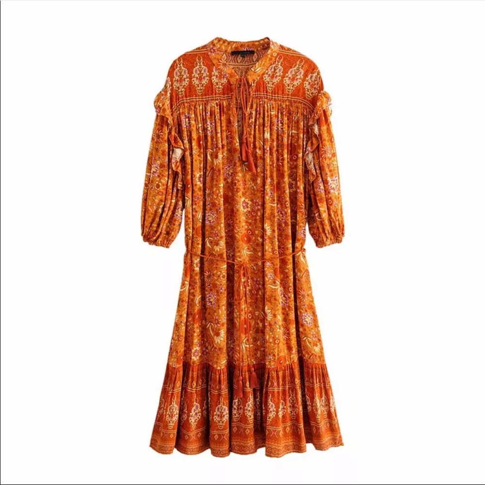 Orange Boho Floral Gypsy Print Dress Ruffle - Picture 4 of 5